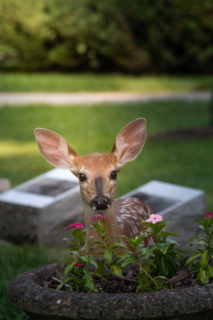 Cute young deer peeking among flowers in a summer garden scene.